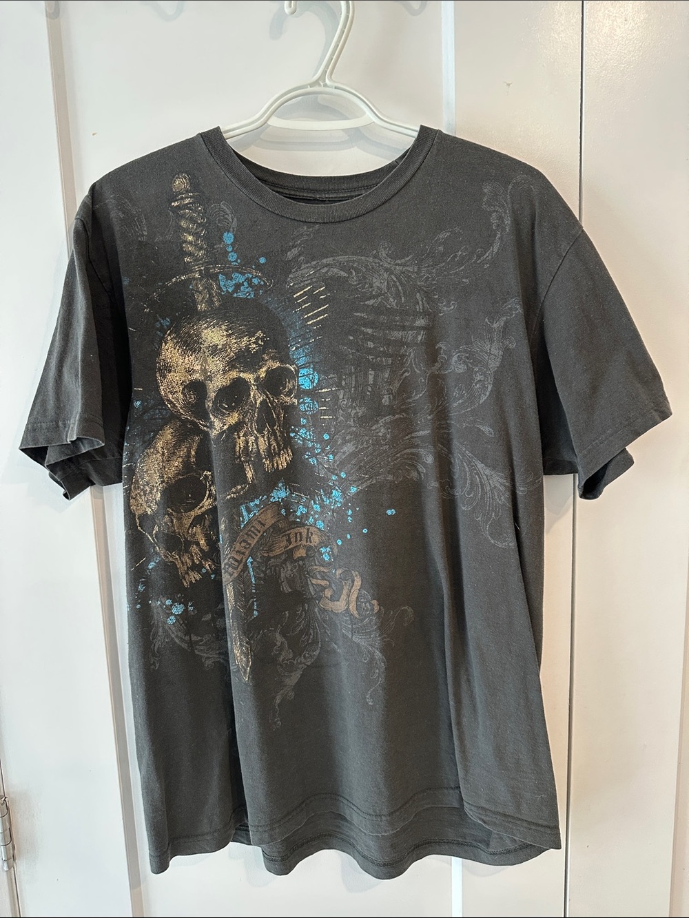 Miami Ink Men's Dark Grey Graphic Skull Tee - Casual Print Shirt - Size XL